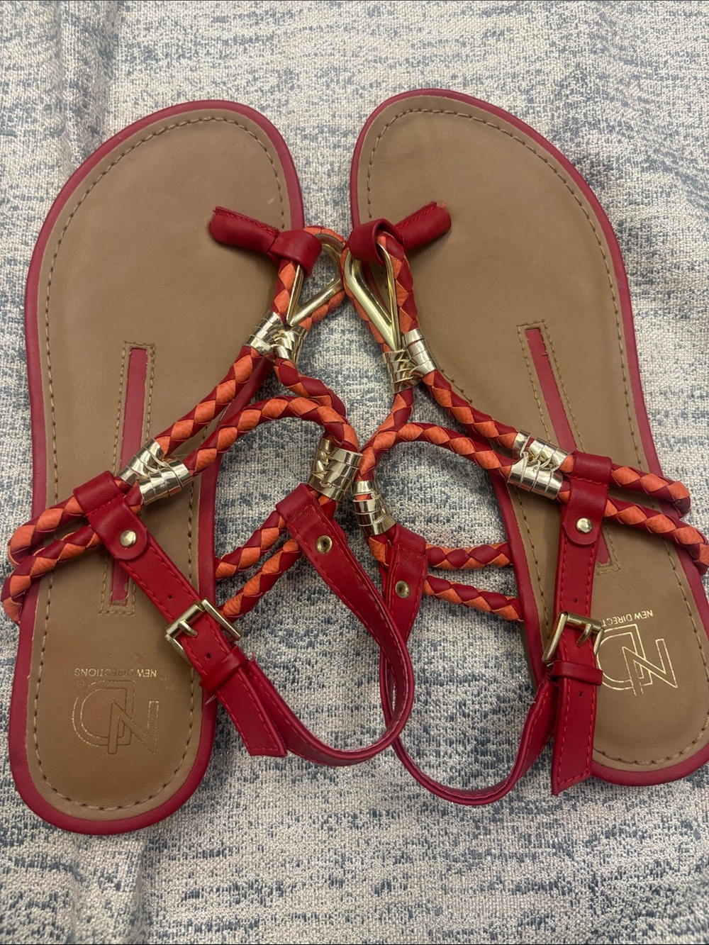 new directions Red and Orange Braided T-Strap Sandals